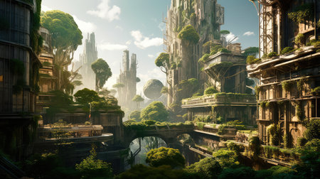 Concept illustration of solarpunk futuristic glass city and nature. Generative AIの素材