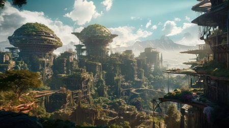Concept illustration of solarpunk futuristic glass city and nature. Generative AIの素材