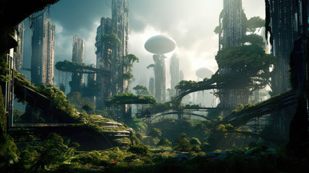 Concept illustration of solarpunk futuristic glass city and nature. Generative AIの素材
