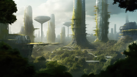 Concept illustration of solarpunk futuristic glass city and nature. Generative AIの素材