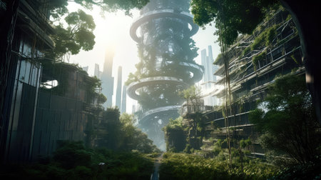 Concept illustration of solarpunk futuristic glass city and nature. Generative AIの素材