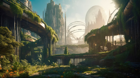 Concept illustration of solarpunk futuristic glass city and nature. Generative AIの素材