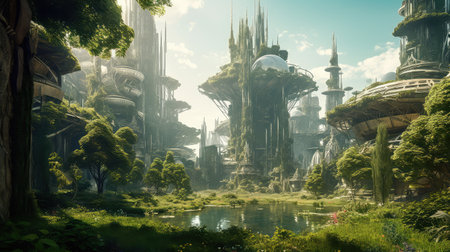 Concept illustration of solarpunk futuristic glass city and nature. Generative AIの素材