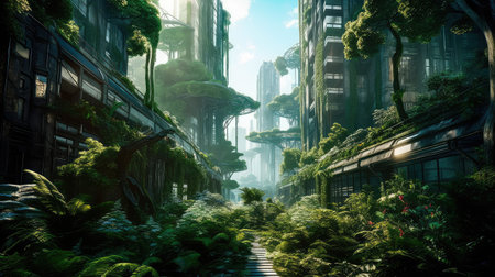 Concept illustration of solarpunk futuristic glass city and nature. Generative AIの素材