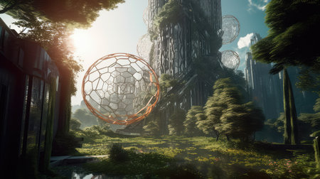 Concept illustration of solarpunk futuristic glass city and nature. Generative AIの素材