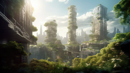 Concept illustration of solarpunk futuristic glass city and nature. Generative AIの素材