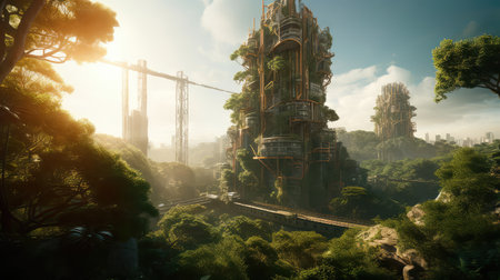 Concept illustration of solarpunk futuristic glass city and nature. Generative AIの素材
