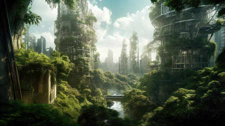 Concept illustration of solarpunk futuristic glass city and nature. Generative AIの素材