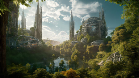 Concept illustration of solarpunk futuristic glass city and nature. Generative AIの素材