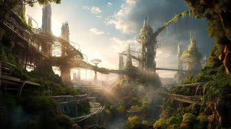 Concept illustration of solarpunk futuristic glass city and nature. Generative AIの素材