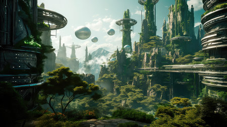Concept illustration of solarpunk futuristic glass city and nature. Generative AIの素材