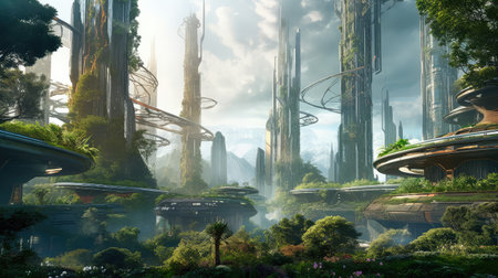 Concept illustration of solarpunk futuristic glass city and nature. Generative AIの素材