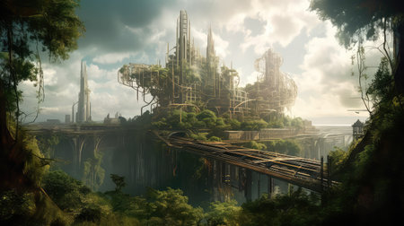 Concept illustration of solarpunk futuristic glass city and nature. Generative AIの素材