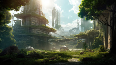 Concept illustration of solarpunk futuristic glass city and nature. Generative AIの素材