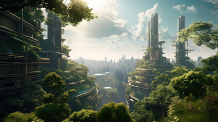 Concept illustration of solarpunk futuristic glass city and nature. Generative AIの素材