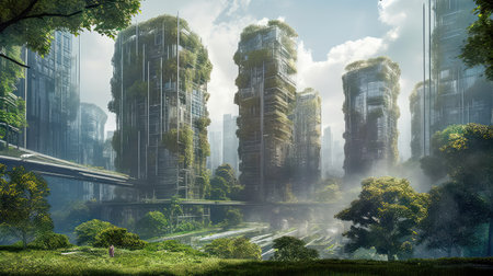 Concept illustration of solarpunk futuristic glass city and nature. Generative AIの素材