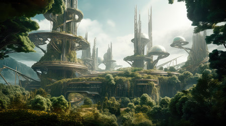 Concept illustration of solarpunk futuristic glass city and nature. Generative AIの素材