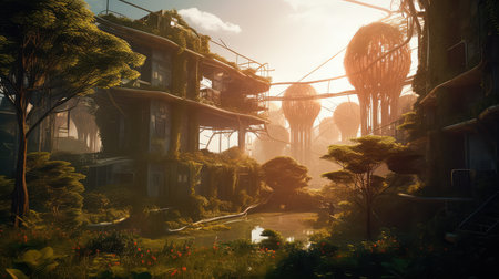 Concept illustration of solarpunk futuristic glass city and nature. Generative AIの素材