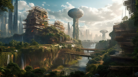 Concept illustration of solarpunk futuristic glass city and nature. Generative AIの素材