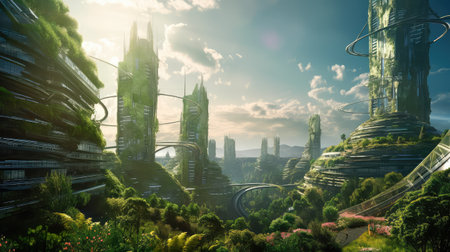Concept illustration of solarpunk futuristic glass city and nature. Generative AIの素材