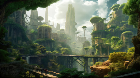 Concept illustration of solarpunk futuristic glass city and nature. Generative AIの素材