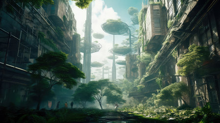Concept illustration of solarpunk futuristic glass city and nature. Generative AIの素材