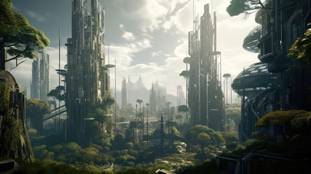 Concept illustration of solarpunk futuristic glass city and nature. Generative AIの素材