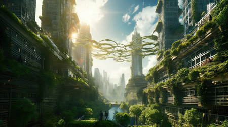 Concept illustration of solarpunk futuristic glass city and nature. Generative AIの素材