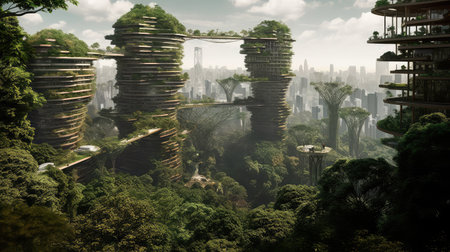Concept illustration of solarpunk futuristic glass city and nature. Generative AIの素材