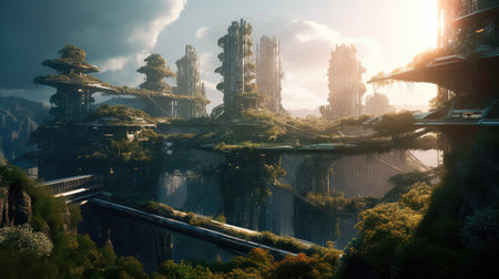 Concept illustration of solarpunk futuristic glass city and nature. Generative AIの素材