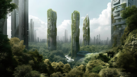 Concept illustration of solarpunk futuristic glass city and nature. Generative AIの素材