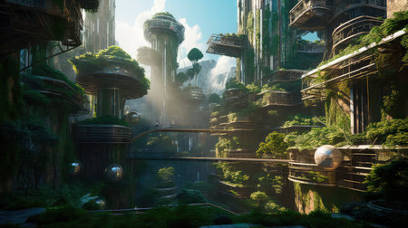 Concept illustration of solarpunk futuristic glass city and nature. Generative AIの素材