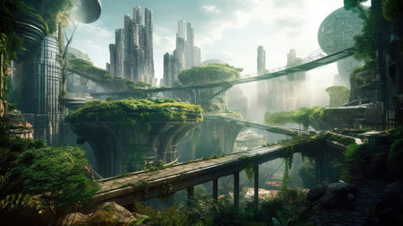 Concept illustration of solarpunk futuristic glass city and nature. Generative AIの素材