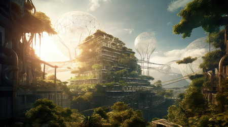 Concept illustration of solarpunk futuristic glass city and nature. Generative AIの素材