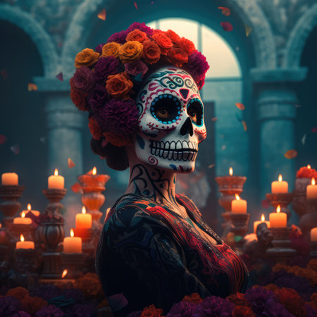 Concept illustration of beautiful woman in traditional mexican costume and bright make-up decorated with flowers and patterns for the day of the dead. Generative AIの素材