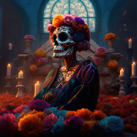 Concept illustration of beautiful woman in traditional mexican costume and bright make-up decorated with flowers and patterns for the day of the dead. Generative AIの素材
