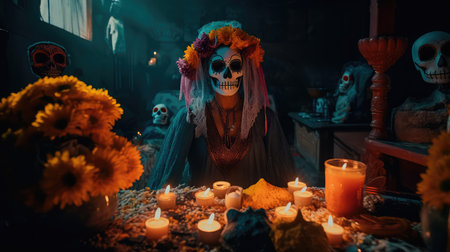 Concept illustration of beautiful woman in traditional mexican costume and bright make-up decorated with flowers and patterns for the day of the dead. Generative AIの素材