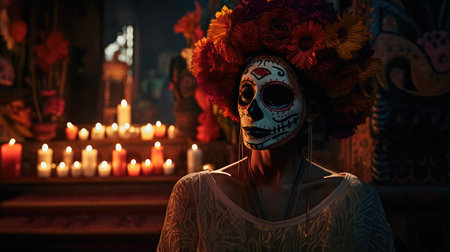 Concept illustration of beautiful woman in traditional mexican costume and bright make-up decorated with flowers and patterns for the day of the dead. Generative AIの素材