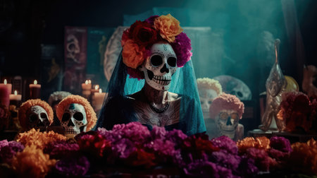 Concept illustration of beautiful woman in traditional mexican costume and bright make-up decorated with flowers and patterns for the day of the dead. Generative AIの素材