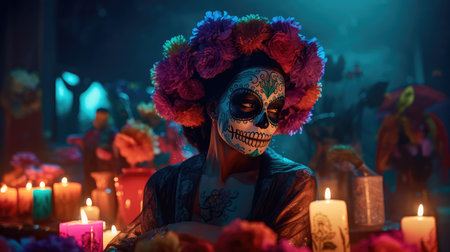 Concept illustration of beautiful woman in traditional mexican costume and bright make-up decorated with flowers and patterns for the day of the dead. Generative AIの素材