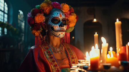 Concept illustration of beautiful woman in traditional mexican costume and bright make-up decorated with flowers and patterns for the day of the dead. Generative AIの素材