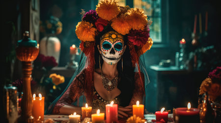Concept illustration of beautiful woman in traditional mexican costume and bright make-up decorated with flowers and patterns for the day of the dead. Generative AIの素材