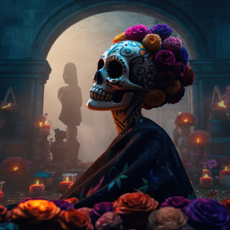 Concept illustration of beautiful woman in traditional mexican costume and bright make-up decorated with flowers and patterns for the day of the dead. Generative AIの素材