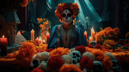 Concept illustration of beautiful woman in traditional mexican costume and bright make-up decorated with flowers and patterns for the day of the dead. Generative AIの素材