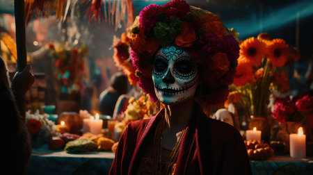 Concept illustration of beautiful woman in traditional mexican costume and bright make-up decorated with flowers and patterns for the day of the dead. Generative AIの素材