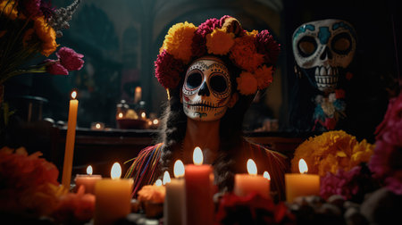 Concept illustration of beautiful woman in traditional mexican costume and bright make-up decorated with flowers and patterns for the day of the dead. Generative AIの素材