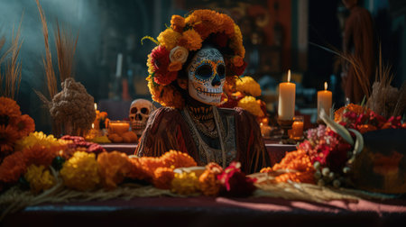 Concept illustration of beautiful woman in traditional mexican costume and bright make-up decorated with flowers and patterns for the day of the dead. Generative AIの素材
