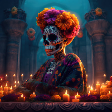 Concept illustration of beautiful woman in traditional mexican costume and bright make-up decorated with flowers and patterns for the day of the dead. Generative AIの素材