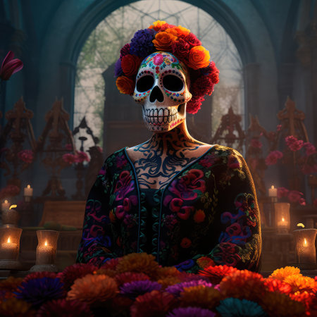 Concept illustration of beautiful woman in traditional mexican costume and bright make-up decorated with flowers and patterns for the day of the dead. Generative AIの素材
