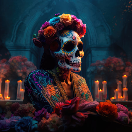 Concept illustration of beautiful woman in traditional mexican costume and bright make-up decorated with flowers and patterns for the day of the dead. Generative AIの素材